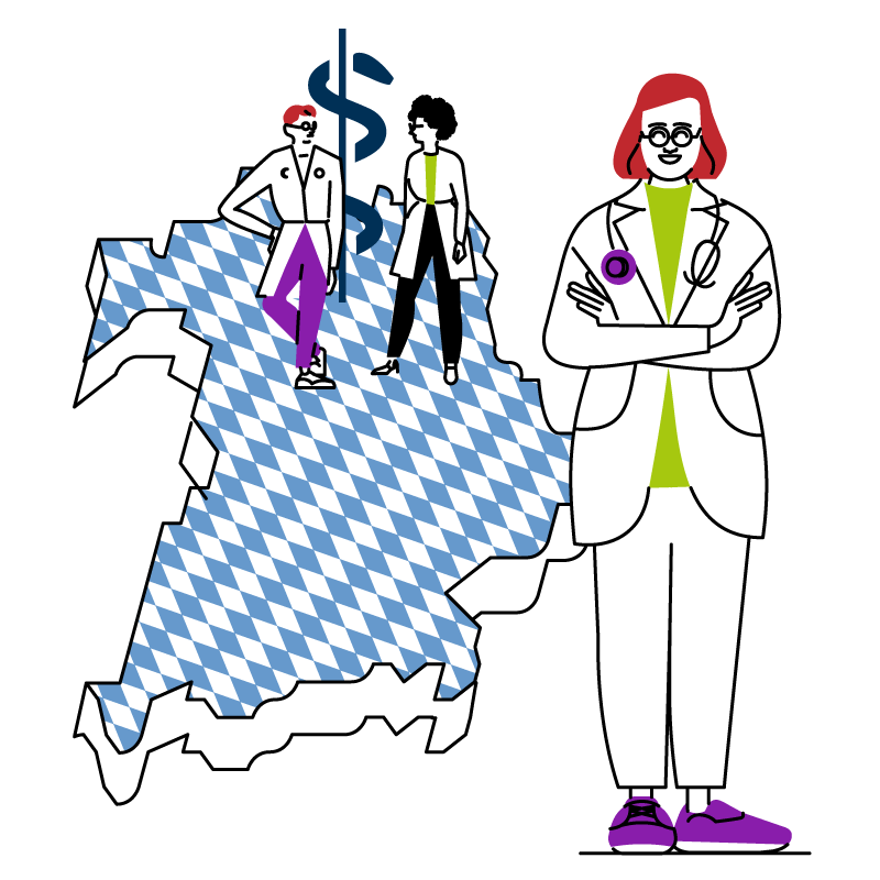 Ärzte stehen in Front einer Bayernkarte zur leichten verständlichen Visualisierung für Einfache Sprache