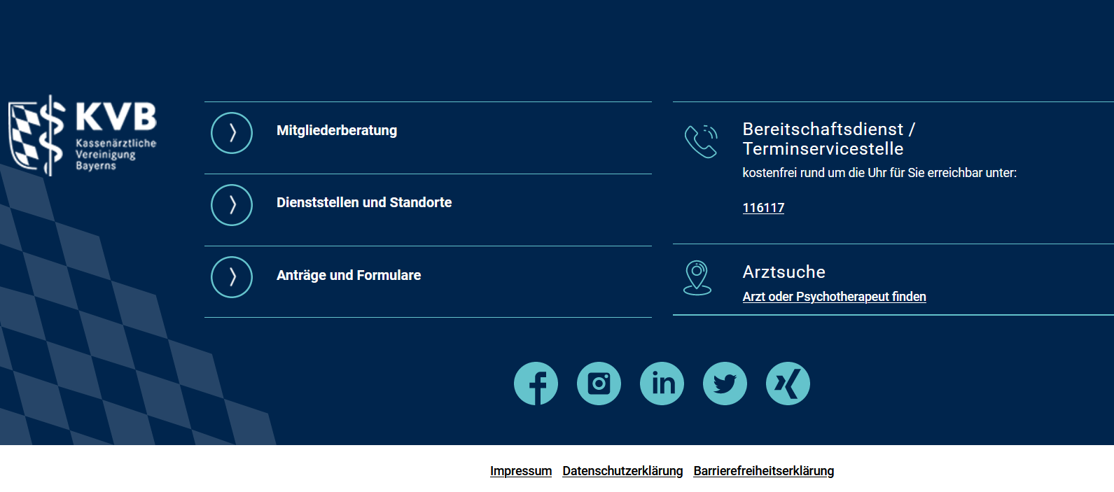 Footer der Website mit Logo Verlinkungen und Icons der Social Media Aktivitäten der KVB