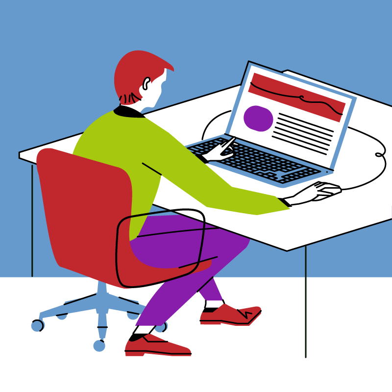 Person vor einem Bildschirm sitzend zur leichten verständlichen Visualisierung für Einfache Sprache