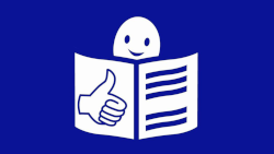 Logo Leichte Sprache; Smiley, Buch und erhobener Daumen