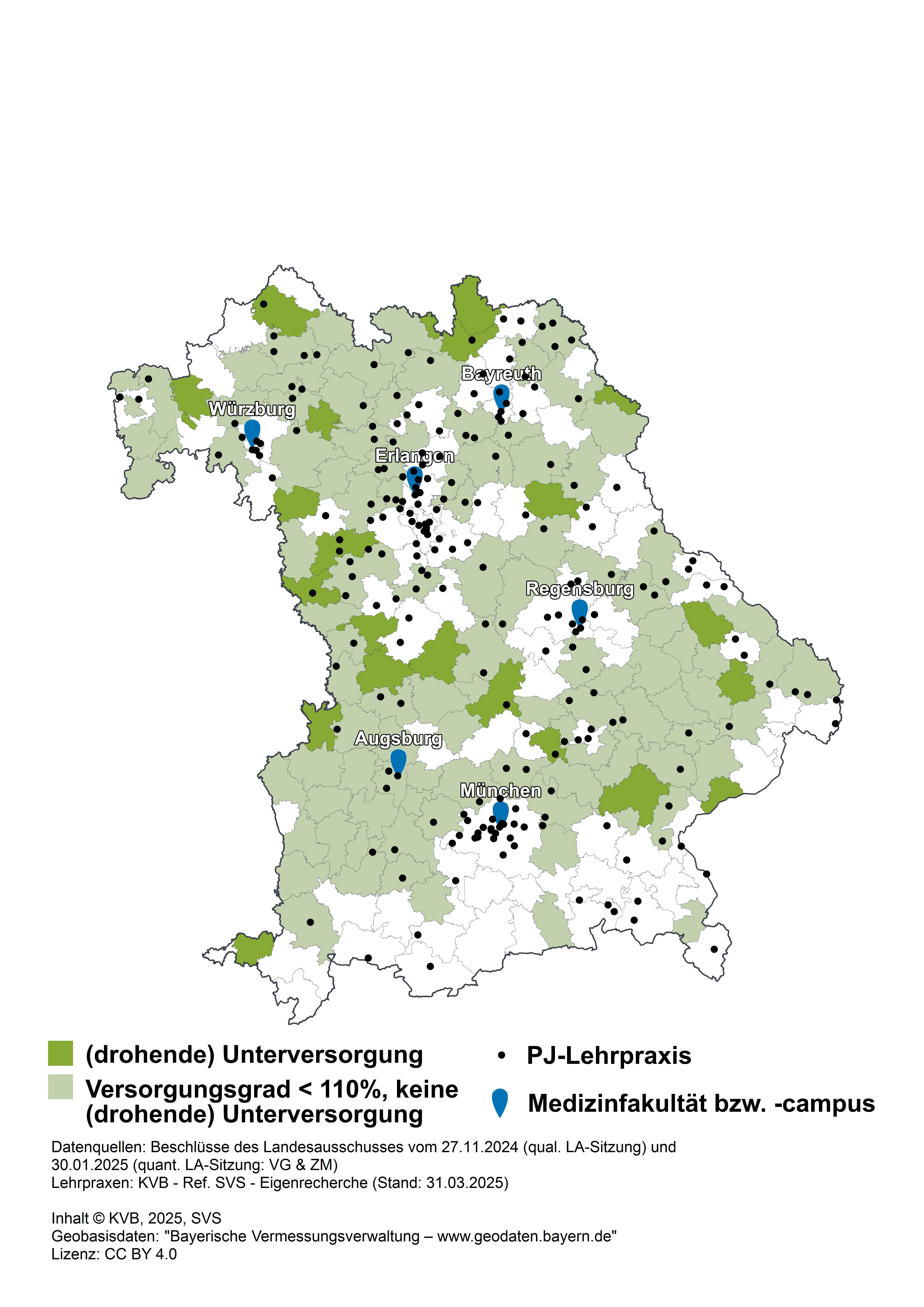 Verteilung PJ-Lehrpraxen in Bayern Umrisskarte von Bayern mit eingefärbten Regionen mit Unterversorgung und drohender Unterversorgung