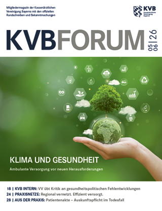Titelseite KVB FORUM-Ausgabe 5-6/2026 Hand hält symbolisch die grüne Weltkugel, auf der ein übergroßer grüner Baum wächst