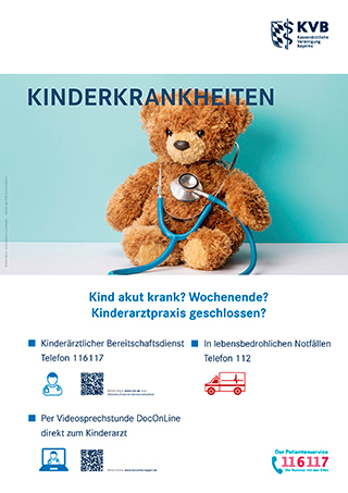 Plakat: Kind akut krank? Wochenende? Teddybär mit blauem Stethoskop
